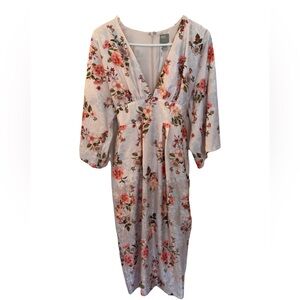 NWT ASOS Kimono Midi Dress Plunge V, 3/4 Sleeves, Pink‎ Floral Jacquard, Size 6